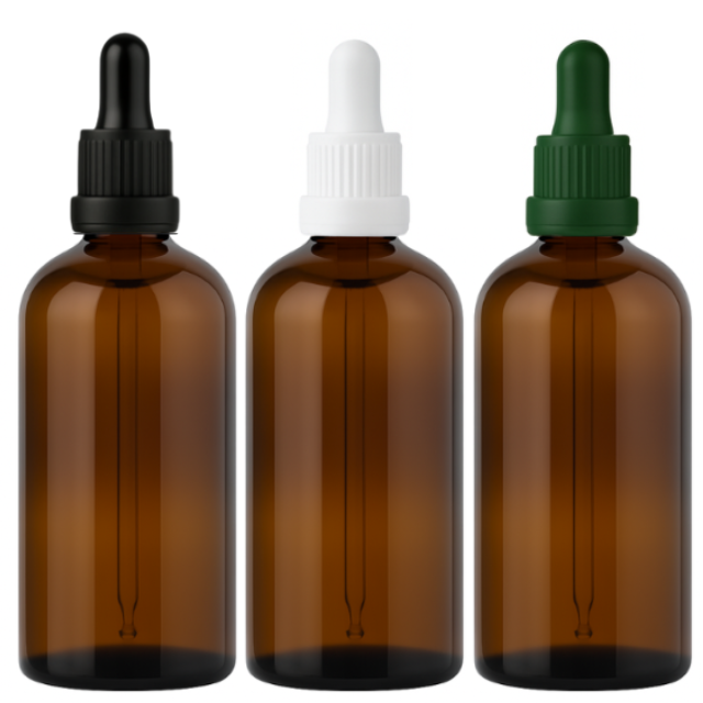 Frasco âmbar com conta-gotas PREMIUM R18 - 100 ml (unitário ou kit) Preto / Branco / Verde