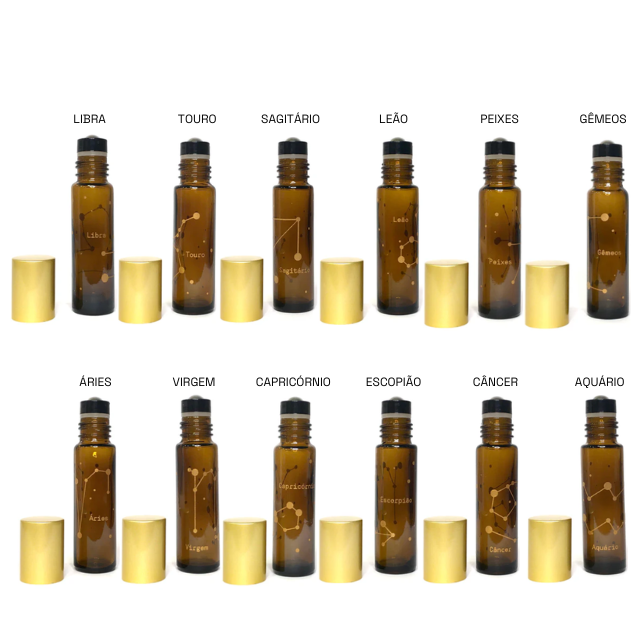 Kit - 12 Frascos vidro ambar 10 ml e roll-on premium - todos os SIGNOS