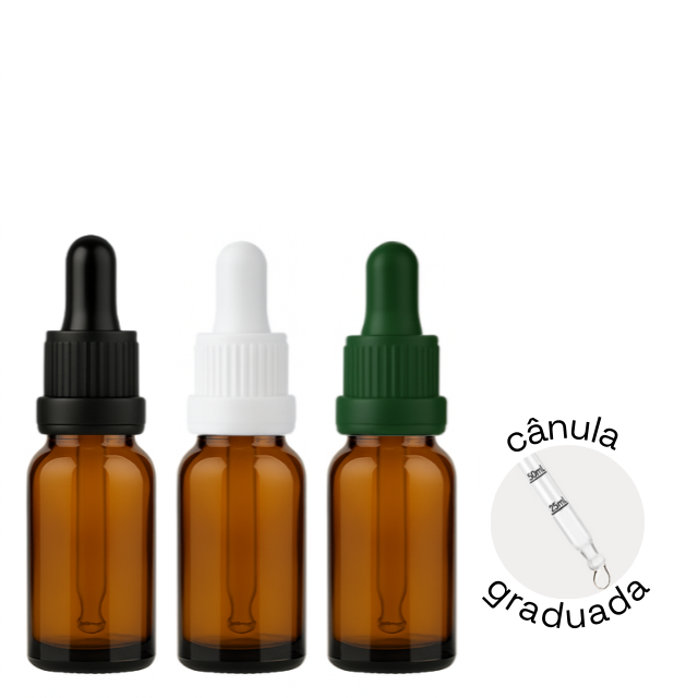 Frasco âmbar com conta-gotas PREMIUM GRADUADO R18 - 20 ml (unitário ou kit) - Preto / Branco / Verde