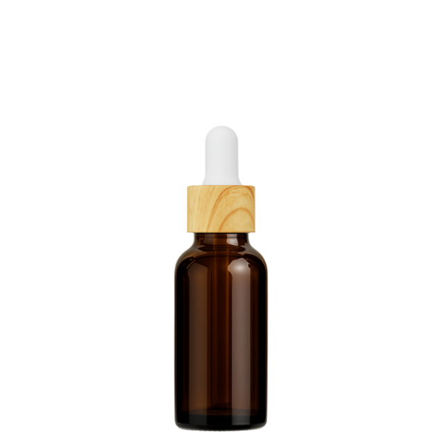 Frasco âmbar conta-gotas tampa madeira bulbo branco - 20 ml (Unidade ou kit)