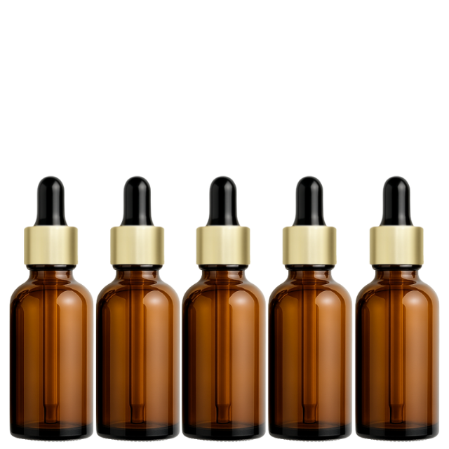 Frasco âmbar com conta-gotas dourado e bulbo preto - 30 ml (unitário ou kit)