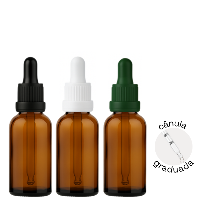 Frasco âmbar com conta-gotas PREMIUM GRADUADO R18 - 30 ml (unitário ou kit) - Preto / Branco / Verde