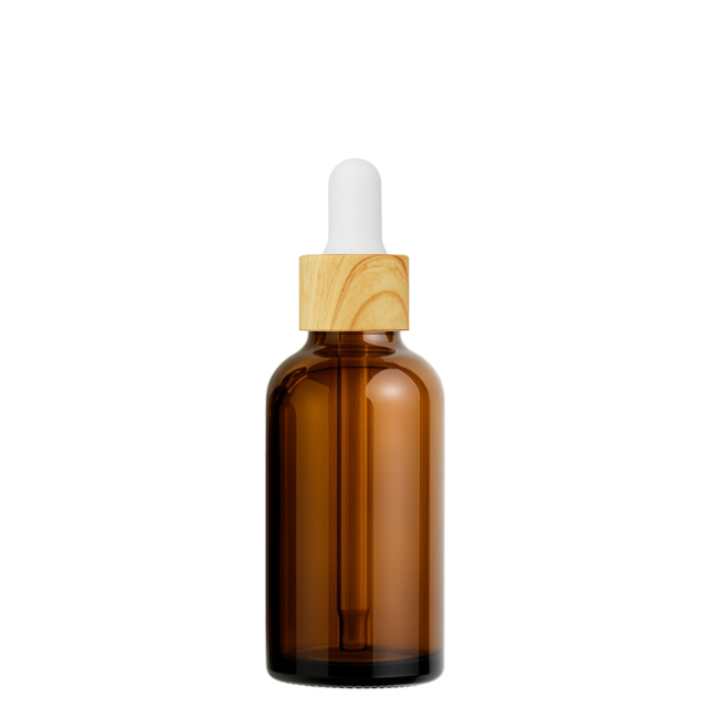 Frasco âmbar conta-gotas tampa madeira bulbo branco - 30 ml (Unidade ou kit)