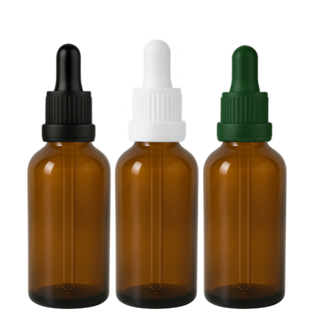 Frasco âmbar com conta-gotas PREMIUM R18 - 50 ml (unitário ou kit) Preto / Branco / Verde