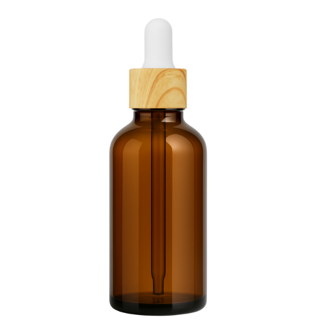 Frasco âmbar conta-gotas tampa madeira bulbo branco - 50 ml (Unidade ou kit)