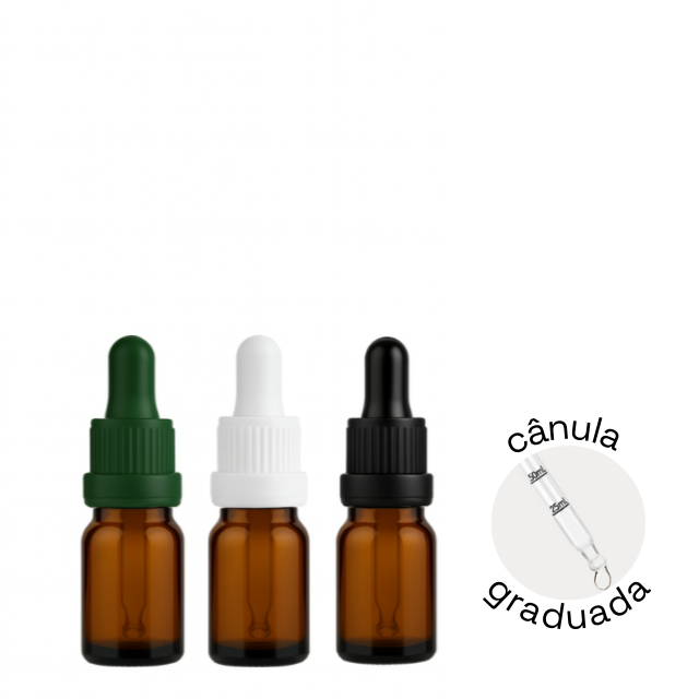 Frasco âmbar com conta-gotas PREMIUM GRADUADO - 5 ml (unitário ou kit) - Preto / Branco / Verde
