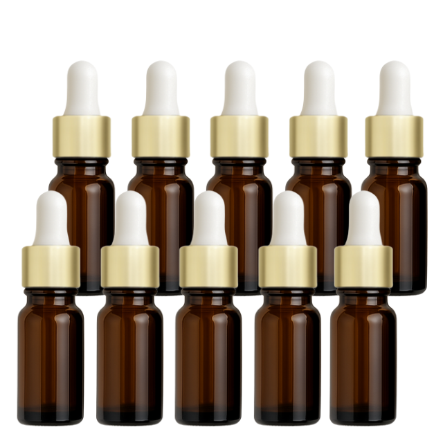 Frasco âmbar com conta-gotas dourado e bulbo branco - 5 ml (unitário ou kit)