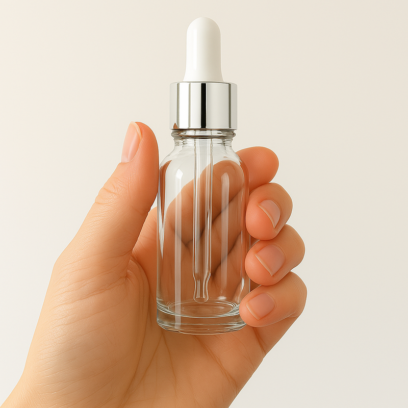 Frasco transparente com conta-gotas prateado e bulbo branco - 30 ml (unitário ou kit)