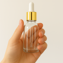 Frasco transparente com conta-gotas dourado e bulbo branco R18 - 30 ml (unitário ou kit)