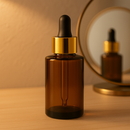 Frasco âmbar ombro RETO conta-gotas dourado e bulbo preto - 30 ml (unitário ou kit)