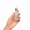 Frasco vidro transparente fosco R18 conta-gotas luxo tampa prateada bulbo branco 30 ml