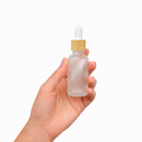 Frasco vidro transparente fosco R18 conta-gotas tampa madeira bulbo branco 30 ml