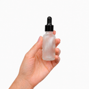 Frasco vidro transparente fosco R18 conta-gotas tampa lisa preta 30 ml