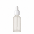 Frasco vidro transparente fosco R18 conta-gotas tampa lisa branca 30 ml