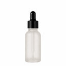 Frasco vidro transparente fosco R18 conta-gotas tampa lisa preta 30 ml
