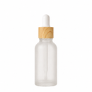 Frasco vidro transparente fosco R18 conta-gotas tampa madeira bulbo branco 30 ml