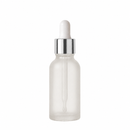 Frasco vidro transparente fosco R18 conta-gotas luxo tampa prateada bulbo branco 30 ml