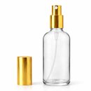 Frasco transparente com válvula spray R18 dourada - 100 ml para perfumes, fragrâncias e aromatizadores