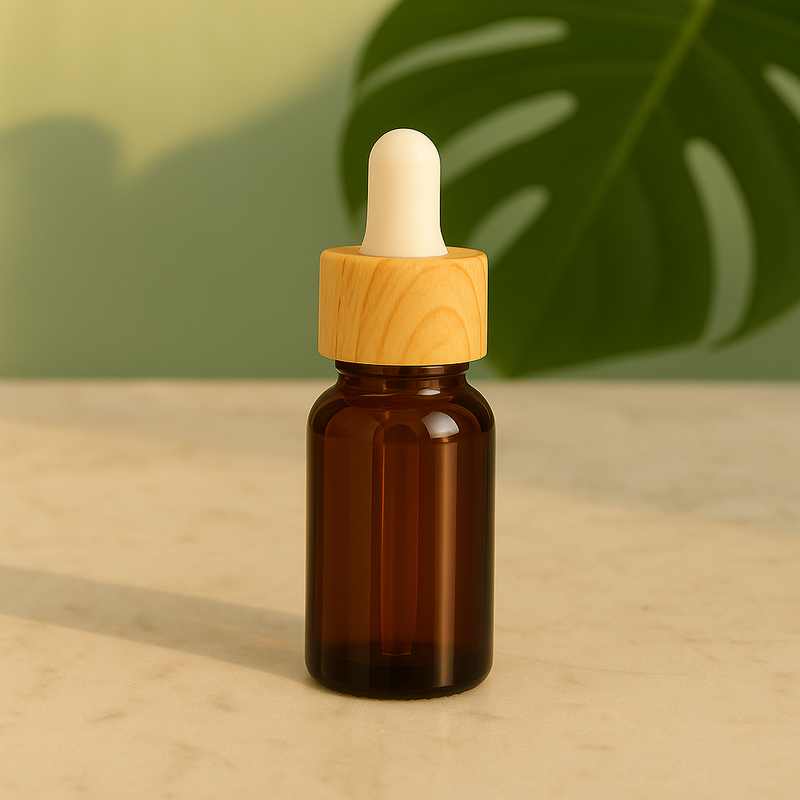 Frasco âmbar conta-gotas tampa madeira bulbo branco - 10 ml (Unidade ou kit)