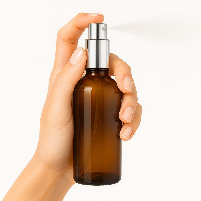 Frasco âmbar com válvula spray prateada - 100 ml (unidade ou kit)