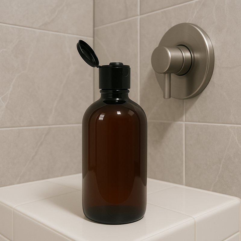 Frasco em PET âmbar com tampa preta FLIP TOP - 250 ml (kit ou unidade)
