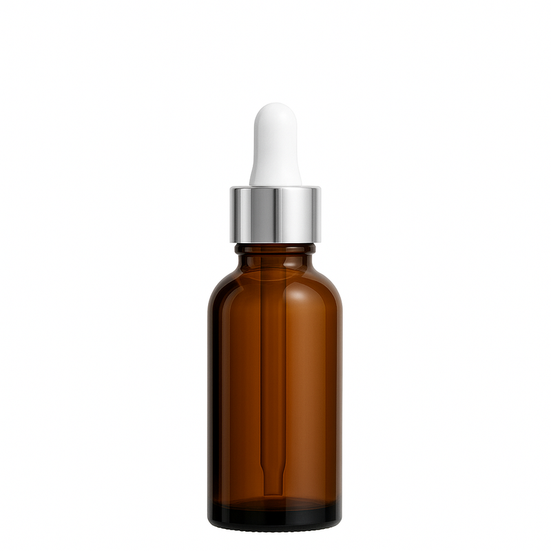 Frasco âmbar com conta-gotas prateado e bulbo branco - 30 ml (unitário ou kit)