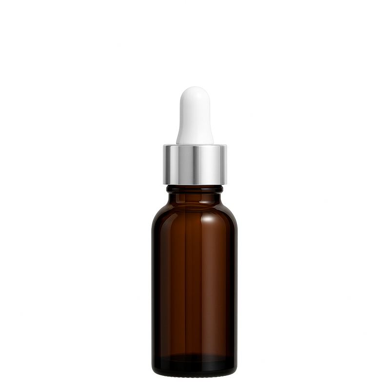 Frasco âmbar com conta-gotas prateado e bulbo branco - 15 ml (unitário ou kit)