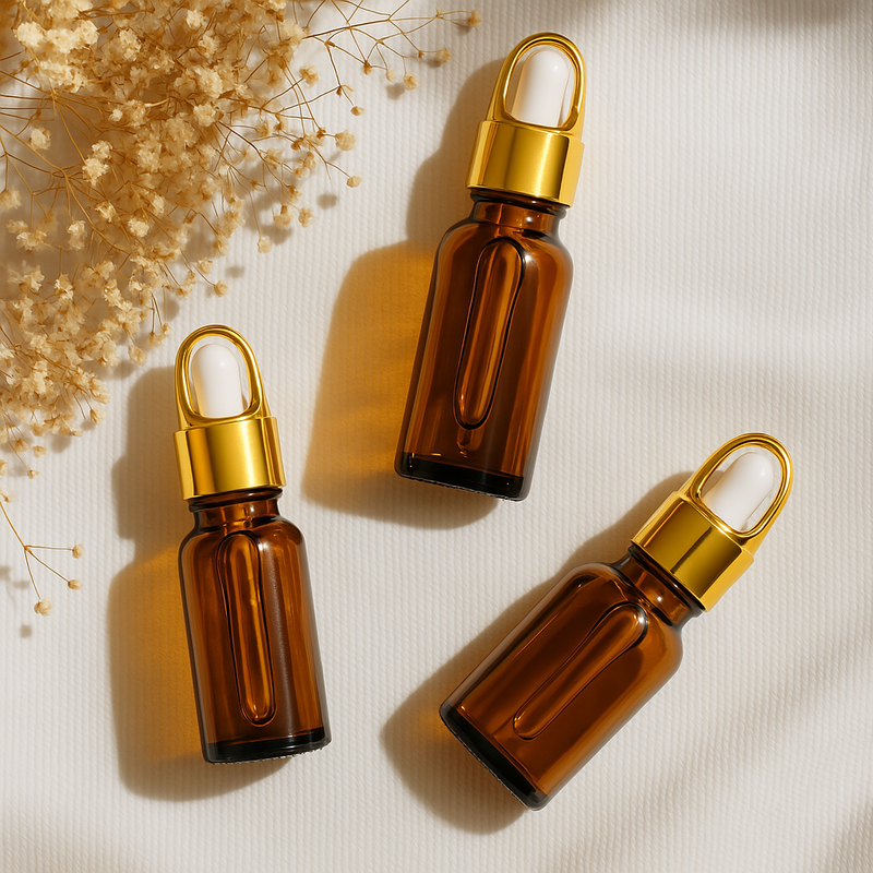 Frasco âmbar conta-gotas cesta dourado bulbo branco - 10 ml (Unidade ou kit)
