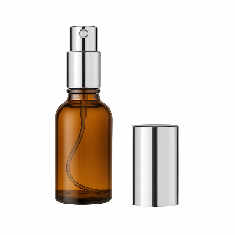 Frasco âmbar com válvula spray prateada - 30 ml (unidade ou kit)