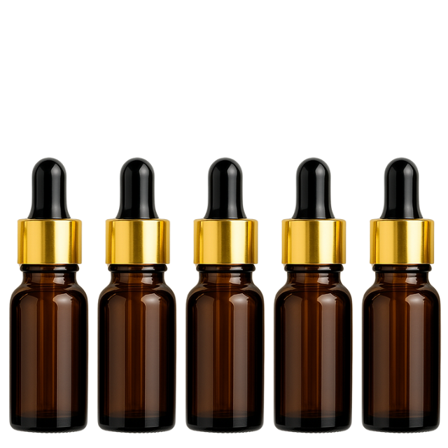 Frasco âmbar com conta-gotas dourado e bulbo preto - 10 ml (unitário ou kit)