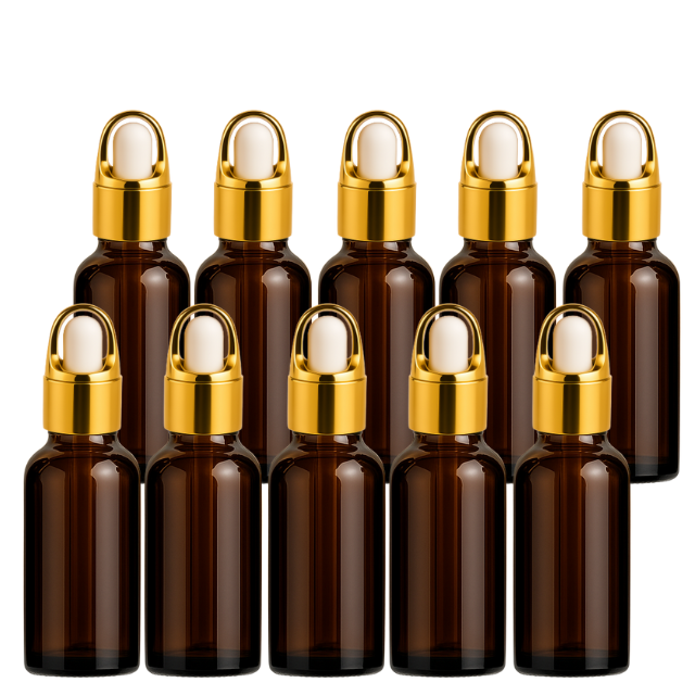 Frasco âmbar conta-gotas cesta dourado bulbo branco - 20 ml (Unidade ou kit)