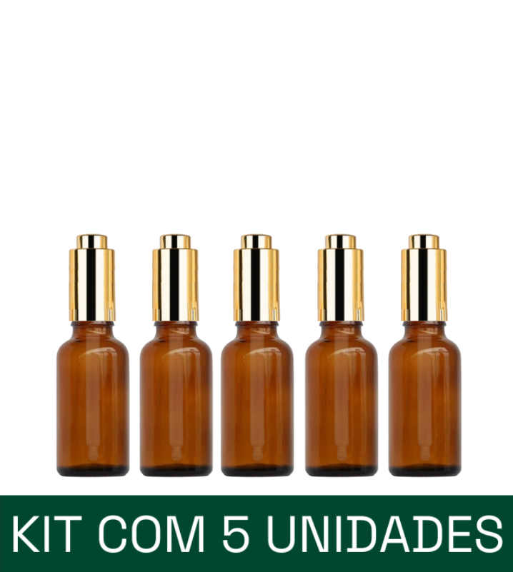 Frasco âmbar com conta-gotas dourado BOTÃO - 30 ml (unitário ou kit)