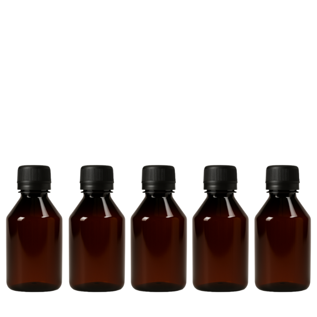 Frasco em PET âmbar com tampa preta com lacre - 100 ml (kit ou unidade)