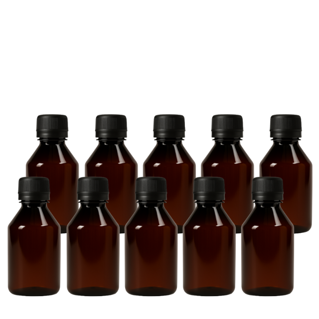 Frasco em PET âmbar com tampa preta com lacre - 100 ml (kit ou unidade)