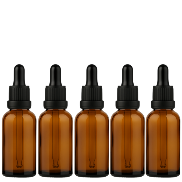 Frasco âmbar com conta-gotas PREMIUM GRADUADO R18 - 30 ml (unitário ou kit) - Preto / Branco / Verde