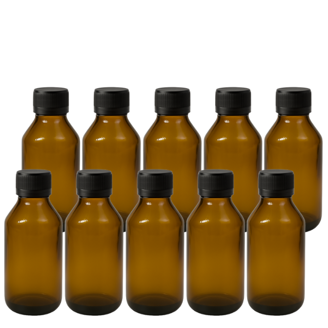 Frasco em vidro âmbar com tampa lacre e batoque bolha - 100 ml