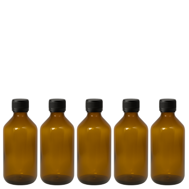 Frasco em vidro âmbar com tampa lacre e batoque bolha - 250 ml