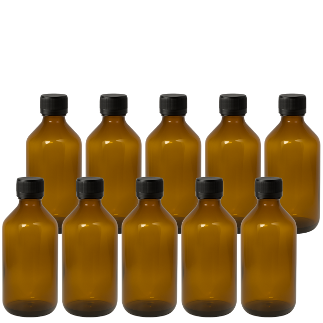 Frasco em vidro âmbar com tampa lacre e batoque bolha - 250 ml