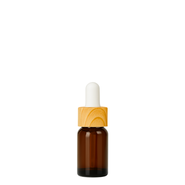 Frasco âmbar conta-gotas tampa madeira bulbo branco - 5 ml (Unidade ou kit)