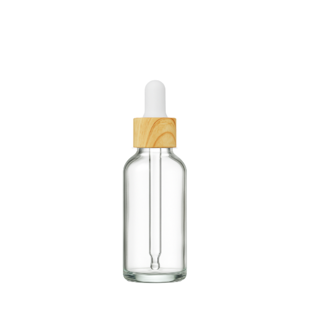 Frasco transparente conta-gotas tampa madeira bulbo branco - 30 ml (Unidade ou kit)