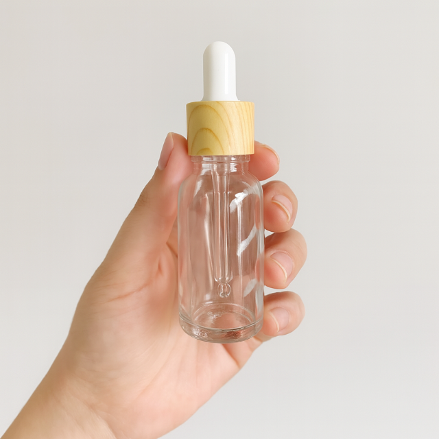 Frasco transparente conta-gotas tampa madeira bulbo branco - 30 ml (Unidade ou kit)