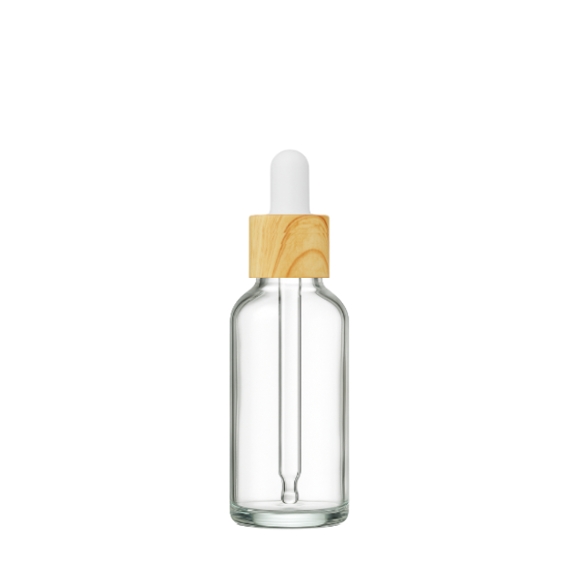 Frasco transparente conta-gotas tampa madeira bulbo branco - 30 ml (Unidade ou kit)