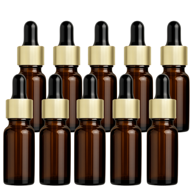 Frasco âmbar com conta-gotas dourado e bulbo preto - 10 ml (unitário ou kit)