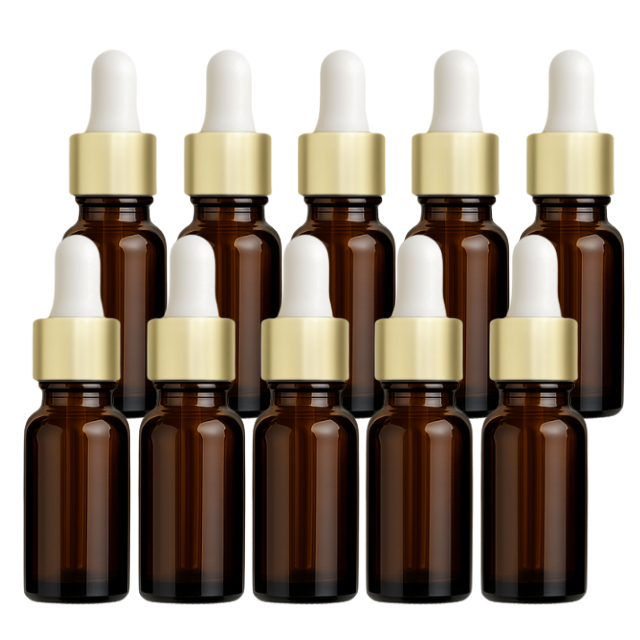 Frasco âmbar com conta-gotas dourado e bulbo branco - 10 ml (unitário ou kit)