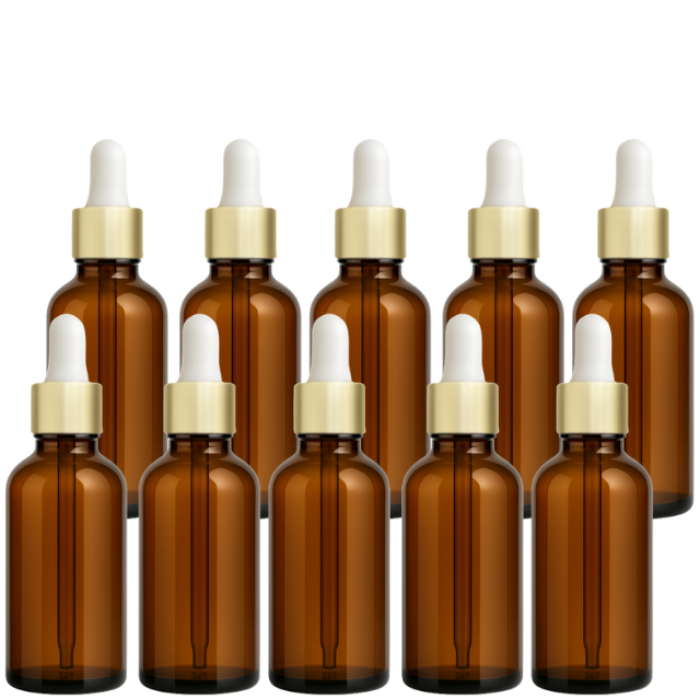 Frasco âmbar com conta-gotas dourado e bulbo branco - 50 ml (unitário ou kit)