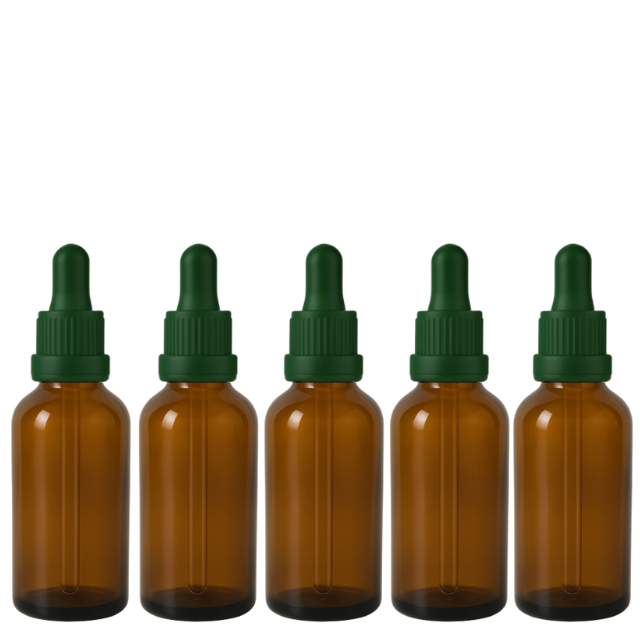 Frasco âmbar com conta-gotas PREMIUM R18 - 50 ml (unitário ou kit) Preto / Branco / Verde