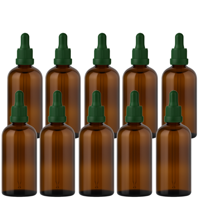 Frasco âmbar com conta-gotas PREMIUM R18 - 100 ml (unitário ou kit) Preto / Branco / Verde