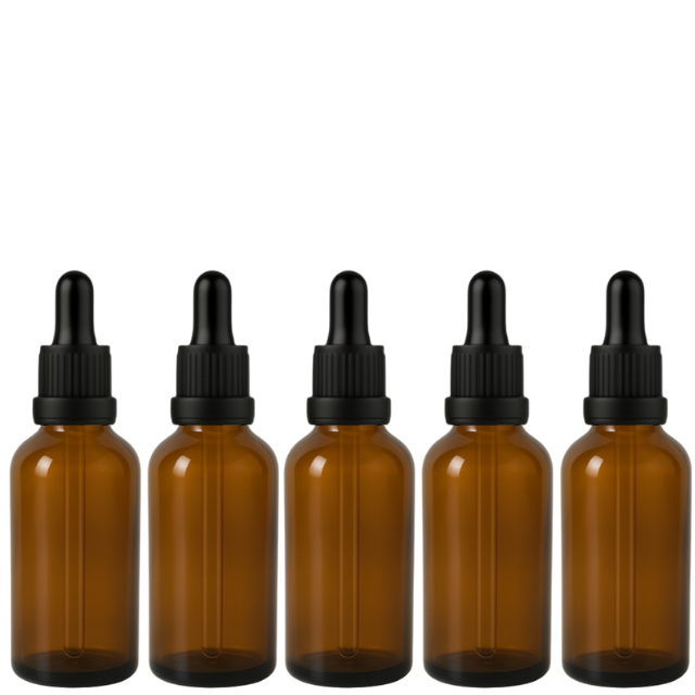 Frasco âmbar com conta-gotas PREMIUM R18 - 50 ml (unitário ou kit) Preto / Branco / Verde