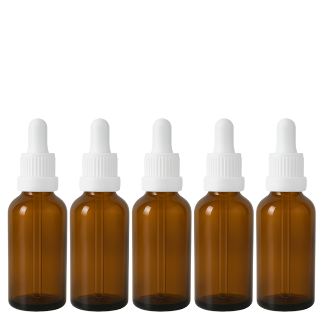 Frasco âmbar com conta-gotas PREMIUM R18 - 50 ml (unitário ou kit) Preto / Branco / Verde