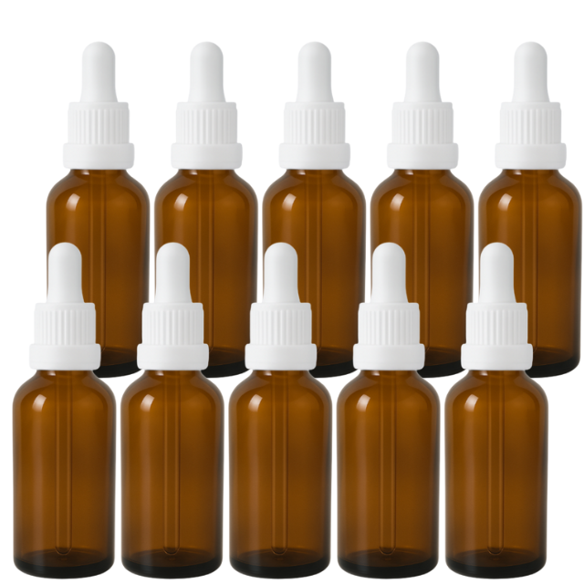 Frasco âmbar com conta-gotas PREMIUM R18 - 50 ml (unitário ou kit) Preto / Branco / Verde